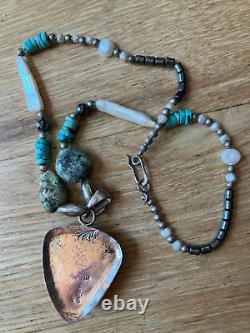 Vintage Native American Sterling Silver Turquoise Beaded Pendant Necklace