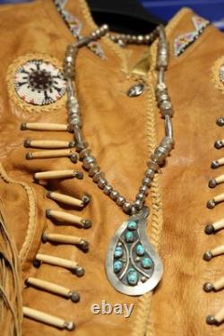 Vintage Native American Turquoise Pendant Beaded Necklace Signed L. B. Tom 24