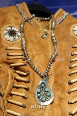 Vintage Native American Turquoise Pendant Beaded Necklace Signed L. B. Tom 24