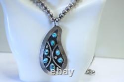 Vintage Native American Turquoise Pendant Beaded Necklace Signed L. B. Tom 24