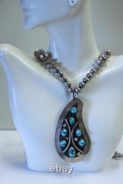 Vintage Native American Turquoise Pendant Beaded Necklace Signed L. B. Tom 24