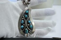 Vintage Native American Turquoise Pendant Beaded Necklace Signed L. B. Tom 24