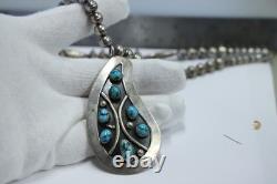 Vintage Native American Turquoise Pendant Beaded Necklace Signed L. B. Tom 24