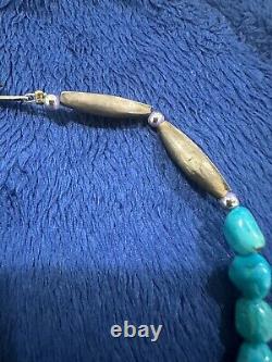 Vintage Native American Turquoise Sterling silver Pendant Beaded necklace, 21.5