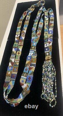 Vintage Native American Very Long Woven Tape Seed Bead Tassle Pendant Necklace