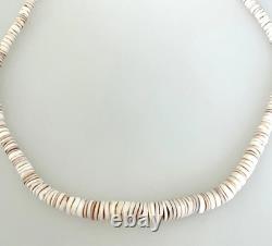 Vintage Native American white shell beaded necklace Sterling Silver clasp-16#33