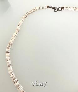 Vintage Native American white shell beaded necklace Sterling Silver clasp-16#33