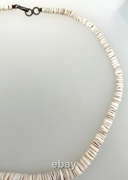 Vintage Native American white shell beaded necklace Sterling Silver clasp-16#33