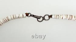Vintage Native American white shell beaded necklace Sterling Silver clasp-16#33