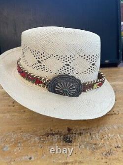 Vintage Navajo Old-Pawn Beaded Hatband With Silver And Turquoise Concho