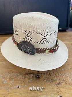 Vintage Navajo Old-Pawn Beaded Hatband With Silver And Turquoise Concho