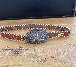 Vintage Navajo Old-Pawn Beaded Hatband With Silver And Turquoise Concho