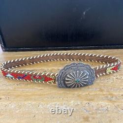 Vintage Navajo Old-Pawn Beaded Hatband With Silver And Turquoise Concho