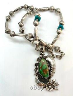 Vintage Navajo Pearl Sterling Silver Green Turquoise Squash Blossom Necklace