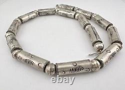 Vintage Navajo Sterling Silver Stamped Pearl Barrel Bead Necklace 17 -29.1g