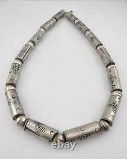 Vintage Navajo Sterling Silver Stamped Pearl Barrel Bead Necklace 17 -29.1g