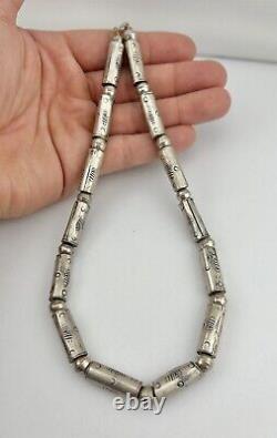 Vintage Navajo Sterling Silver Stamped Pearl Barrel Bead Necklace 17 -29.1g