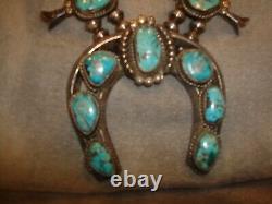 Vintage Navajo Sterling Silver Turquoise Squash Blossom Necklace Heavy Stunning