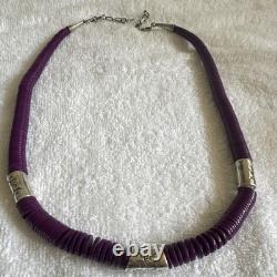 Vintage Navajo purple spiny oyster heishi disc bead necklace silver beads