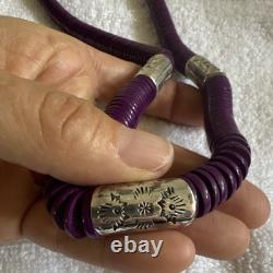 Vintage Navajo purple spiny oyster heishi disc bead necklace silver beads
