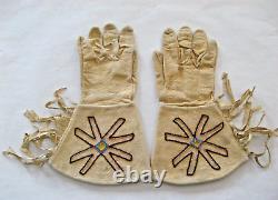 Vintage Non-Native American Indian Leather Beaded Gauntlets Gloves withFringe