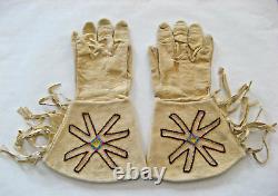 Vintage Non-Native American Indian Leather Beaded Gauntlets Gloves withFringe