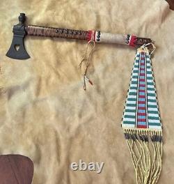 Vintage Pipe Tomahawk With Beaded Drop Curly Maple Shaft Brass Tacks Raw Hide
