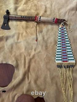 Vintage Pipe Tomahawk With Beaded Drop Curly Maple Shaft Brass Tacks Raw Hide