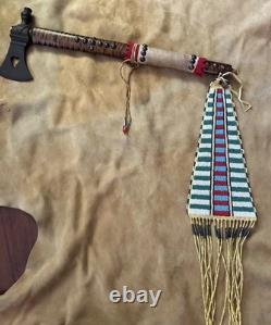 Vintage Pipe Tomahawk With Beaded Drop Curly Maple Shaft Brass Tacks Raw Hide