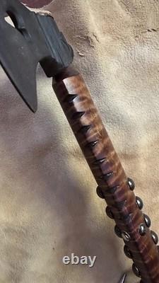Vintage Pipe Tomahawk With Beaded Drop Curly Maple Shaft Brass Tacks Raw Hide