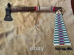 Vintage Pipe Tomahawk With Beaded Drop Curly Maple Shaft Brass Tacks Raw Hide