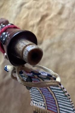 Vintage Pipe Tomahawk With Beaded Drop Curly Maple Shaft Brass Tacks Raw Hide