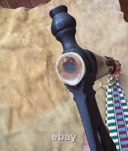 Vintage Pipe Tomahawk With Beaded Drop Curly Maple Shaft Brass Tacks Raw Hide Vintage Pipe Tomahawk With Beaded Drop Curly Maple Shaft Brass Tacks Raw Hide