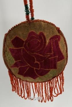 Vintage Reversible Native American Style Beaded Buckskin 5 Round Rose Pouch
