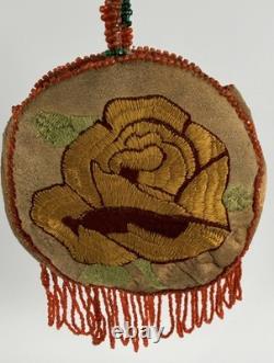 Vintage Reversible Native American Style Beaded Buckskin 5 Round Rose Pouch