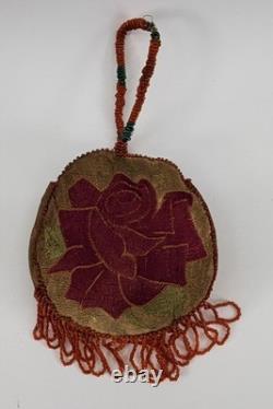 Vintage Reversible Native American Style Beaded Buckskin 5 Round Rose Pouch