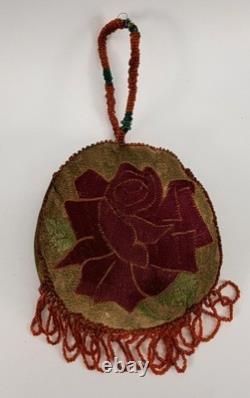 Vintage Reversible Native American Style Beaded Buckskin 5 Round Rose Pouch