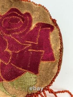 Vintage Reversible Native American Style Beaded Buckskin 5 Round Rose Pouch