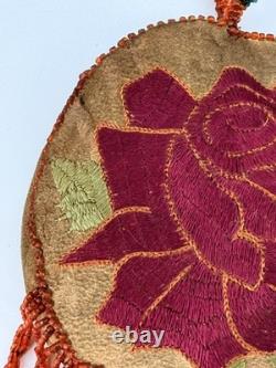 Vintage Reversible Native American Style Beaded Buckskin 5 Round Rose Pouch