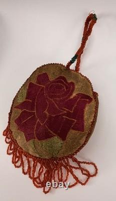 Vintage Reversible Native American Style Beaded Buckskin 5 Round Rose Pouch