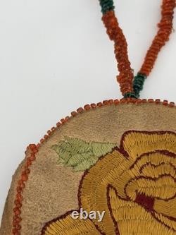 Vintage Reversible Native American Style Beaded Buckskin 5 Round Rose Pouch