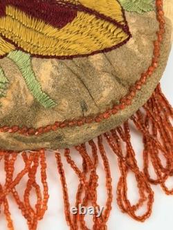 Vintage Reversible Native American Style Beaded Buckskin 5 Round Rose Pouch