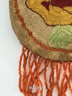 Vintage Reversible Native American Style Beaded Buckskin 5 Round Rose Pouch
