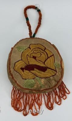 Vintage Reversible Native American Style Beaded Buckskin 5 Round Rose Pouch