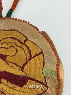 Vintage Reversible Native American Style Beaded Buckskin 5 Round Rose Pouch