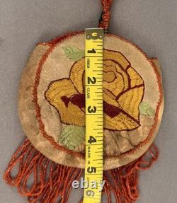 Vintage Reversible Native American Style Beaded Buckskin 5 Round Rose Pouch