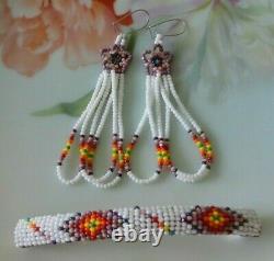 Vintage SET Beaded Earrings & Barrette Native American Cut Glass Seed Beadwork