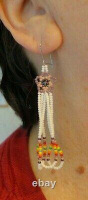 Vintage SET Beaded Earrings & Barrette Native American Cut Glass Seed Beadwork