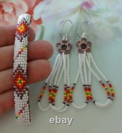 Vintage SET Beaded Earrings & Barrette Native American Cut Glass Seed Beadwork