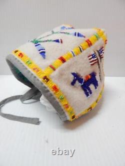 Vintage Santee Sioux Indian Plains Beaded Bonnet American Flags / Horses